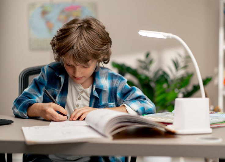 自宅で勉強する少年
