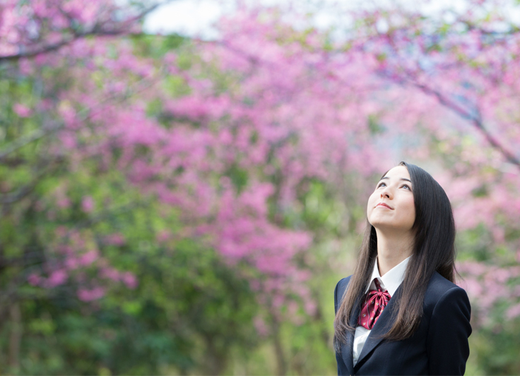 桜を見上げる女子中学生