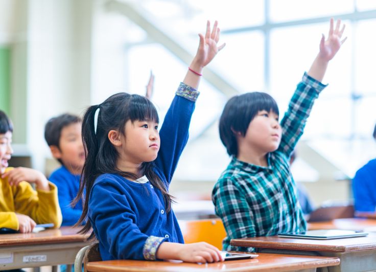 授業で手を挙げる小学生